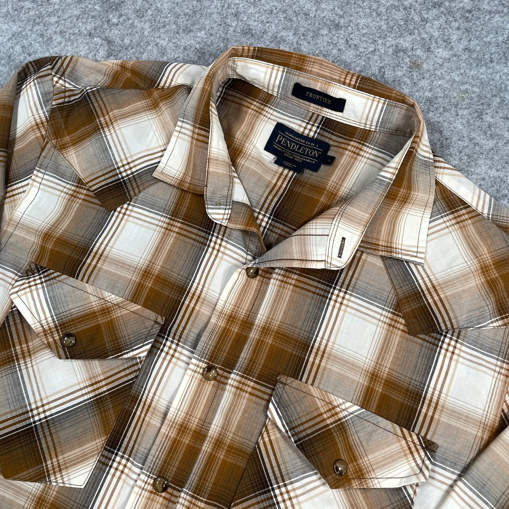 Pendleton Mens Frontier Pearl Snap Shirt L Brown Plaid Western Yoke Long Sleeve